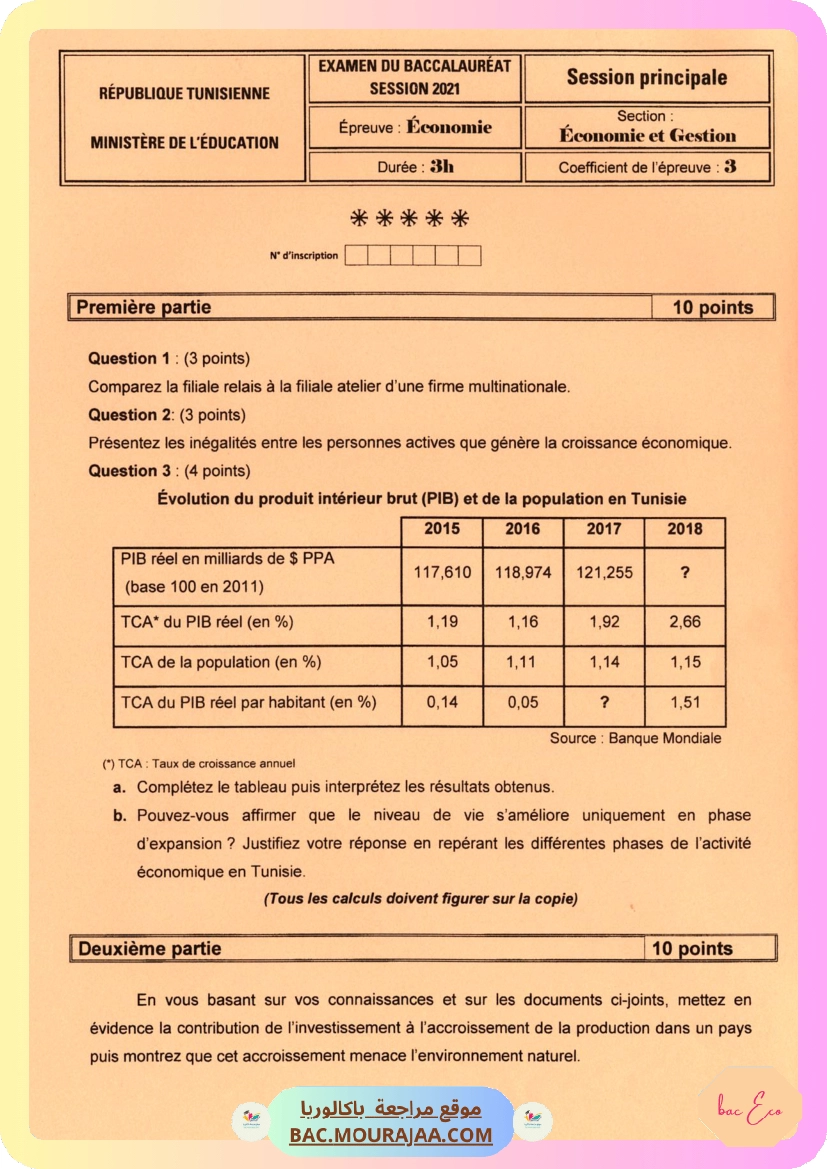 Sujet principale eco Bac 2021 – Section eco